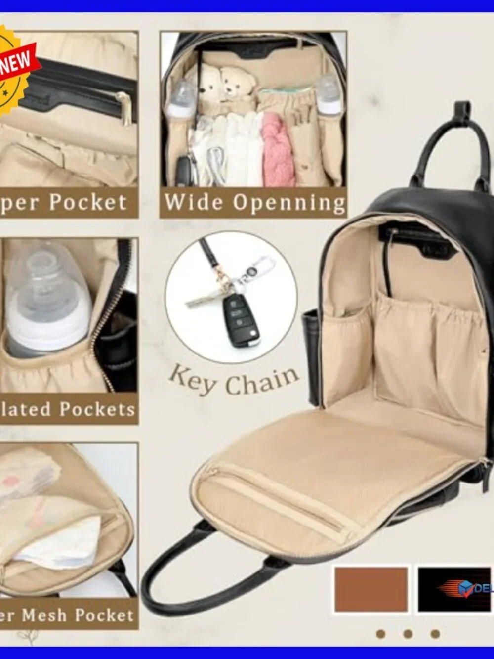 Large Leather Diaper Backpack with 16 Pockets, Changing Pad, Insulated